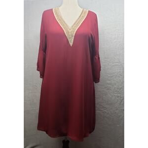 Hotouch Burgundy Trapeze Dress M Crochet Bell Sleeve Flowy Lightweight Bohemian